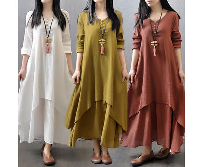V-Neck Long Sleeve Asymmetrical A-Line Maxi