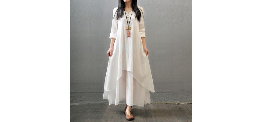 V-Neck Long Sleeve Asymmetrical A-Line Maxi