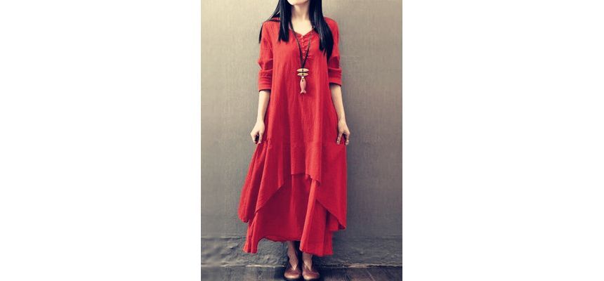 V-Neck Long Sleeve Asymmetrical A-Line Maxi