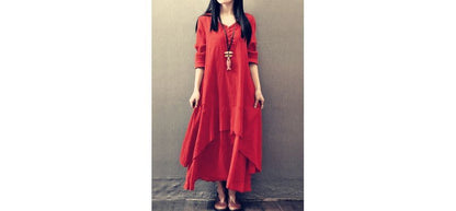 V-Neck Long Sleeve Asymmetrical A-Line Maxi