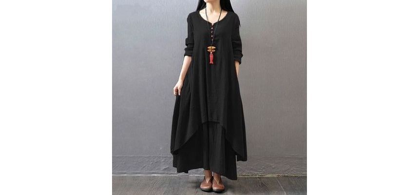V-Neck Long Sleeve Asymmetrical A-Line Maxi
