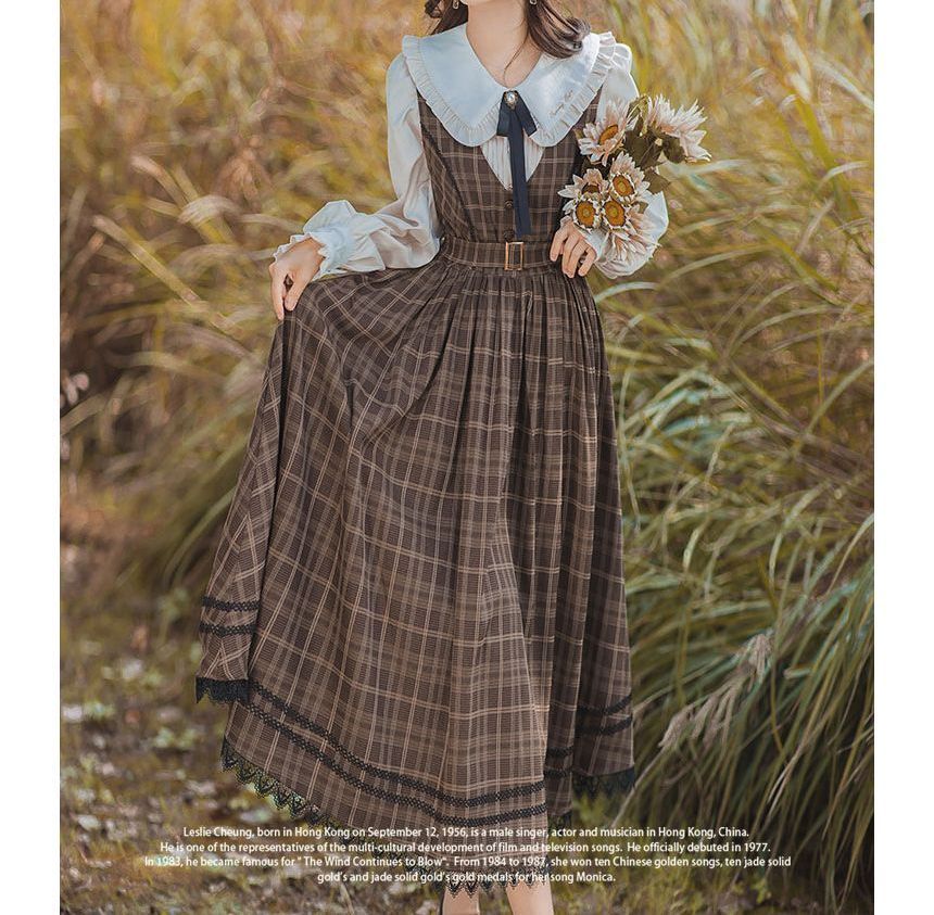 Long-Sleeve Plain Blouse / Sleeveless Plaid Midi A-Line Dress / Tie / Set