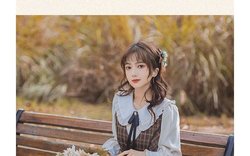 Long-Sleeve Plain Blouse / Sleeveless Plaid Midi A-Line Dress / Tie / Set