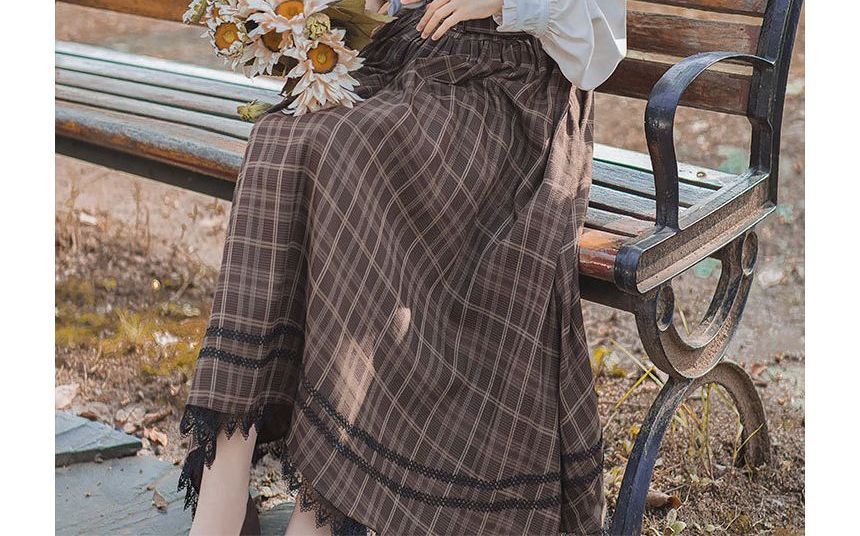 Long-Sleeve Plain Blouse / Sleeveless Plaid Midi A-Line Dress / Tie / Set