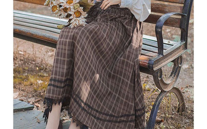 Long-Sleeve Plain Blouse / Sleeveless Plaid Midi A-Line Dress / Tie / Set