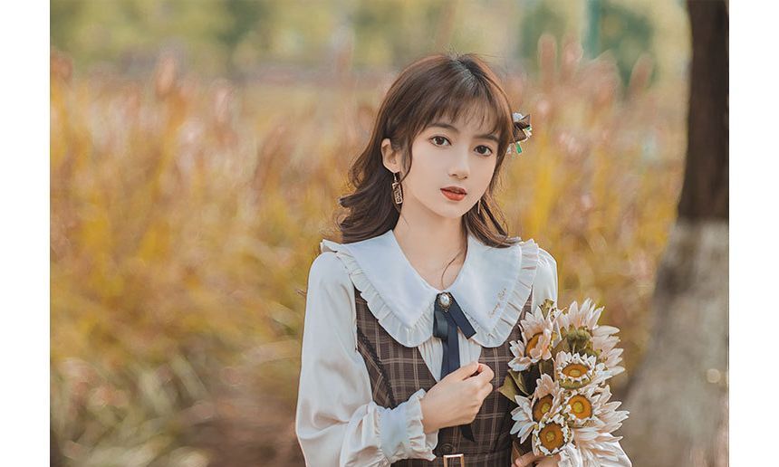 Long-Sleeve Plain Blouse / Sleeveless Plaid Midi A-Line Dress / Tie / Set