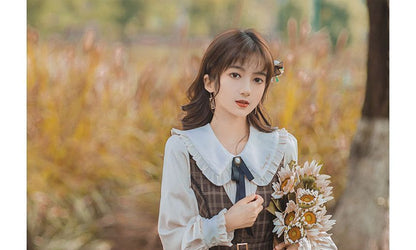 Long-Sleeve Plain Blouse / Sleeveless Plaid Midi A-Line Dress / Tie / Set