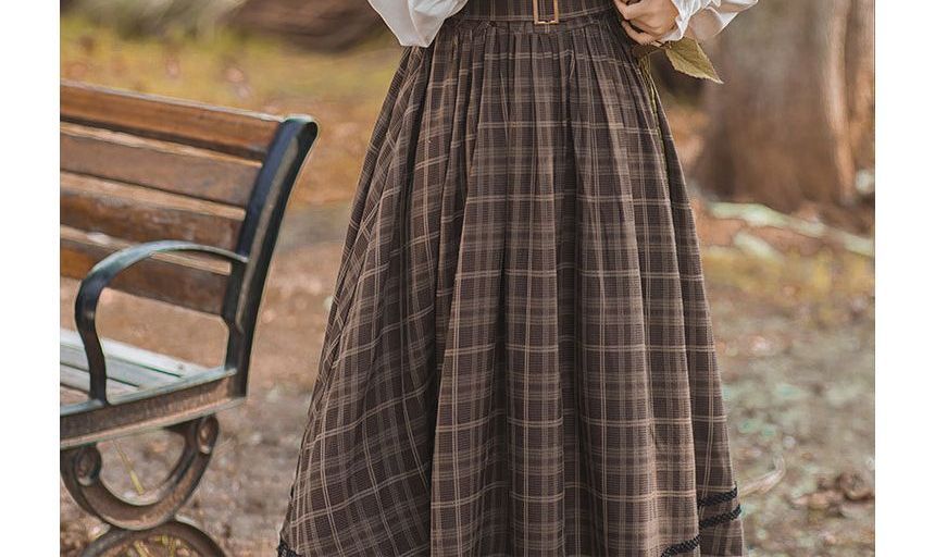 Long-Sleeve Plain Blouse / Sleeveless Plaid Midi A-Line Dress / Tie / Set