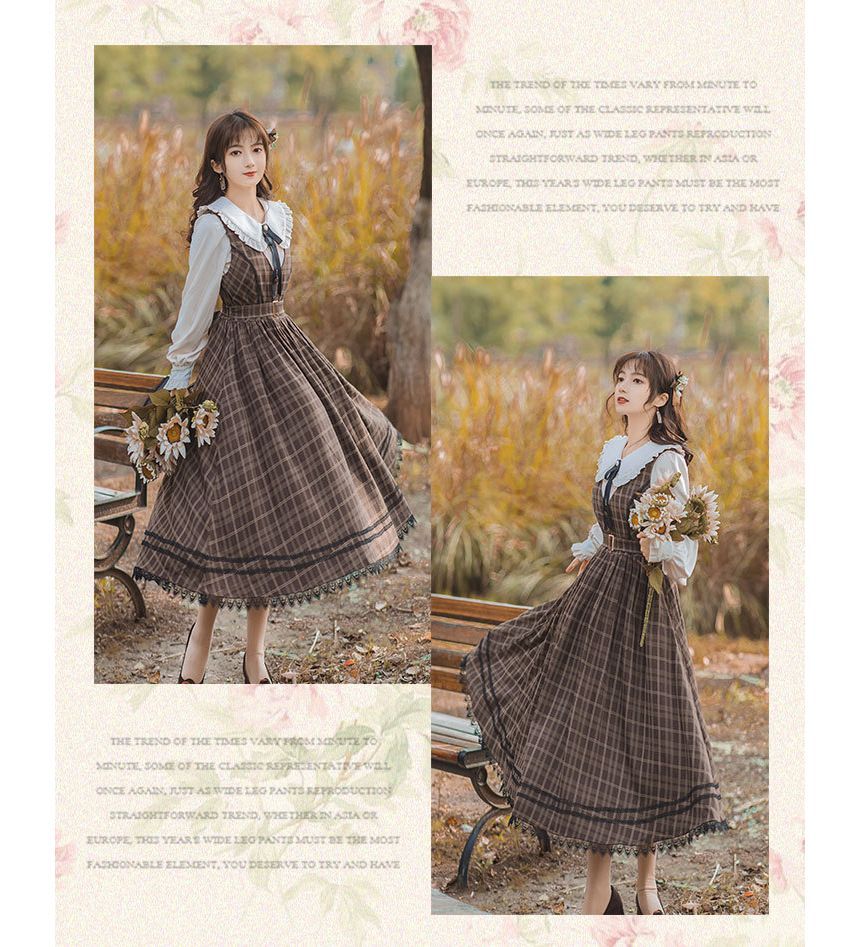 Long-Sleeve Plain Blouse / Sleeveless Plaid Midi A-Line Dress / Tie / Set