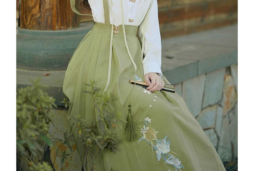 Long-Sleeve Embroidered Shirt / Maxi Pinafore Skirt / Set