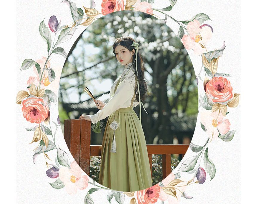 Long-Sleeve Embroidered Shirt / Maxi Pinafore Skirt / Set