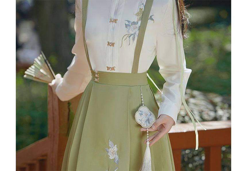 Long-Sleeve Embroidered Shirt / Maxi Pinafore Skirt / Set