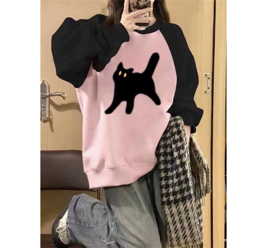 Crew Neck Cat Accent Raglan Sweatshirt