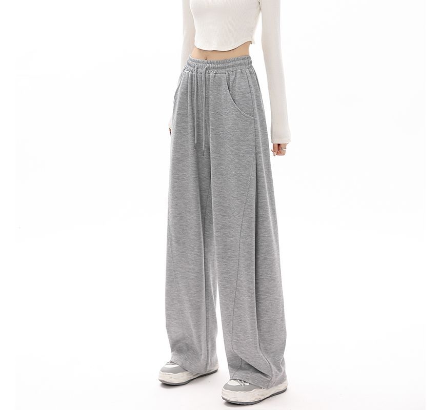 High Waist Plain Pocketed Drawstring Wide Leg Sweatpants