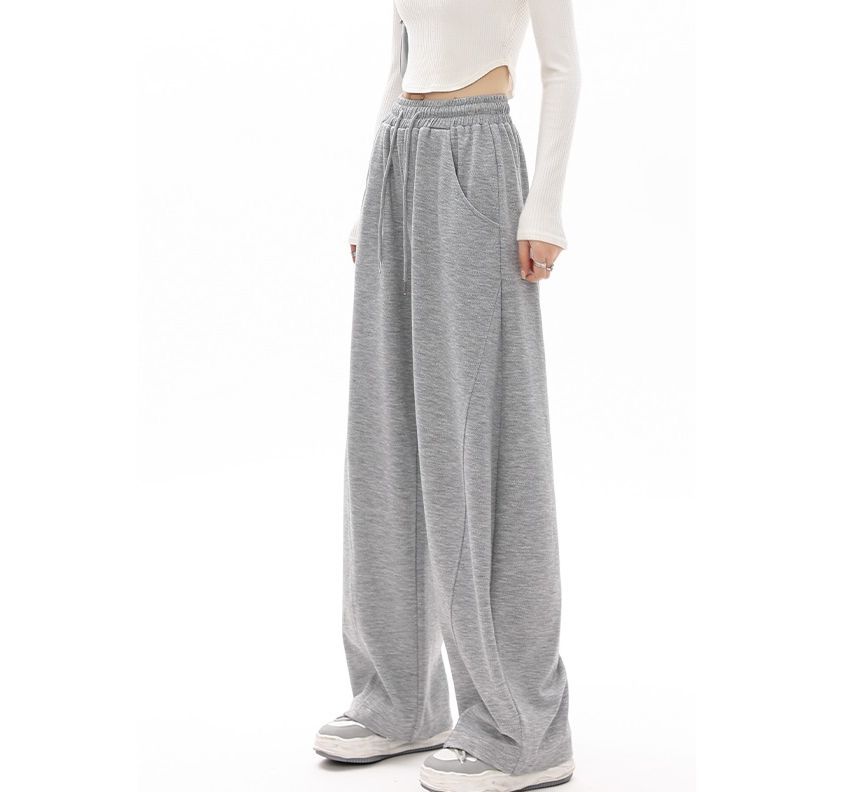 High Waist Plain Pocketed Drawstring Wide Leg Sweatpants