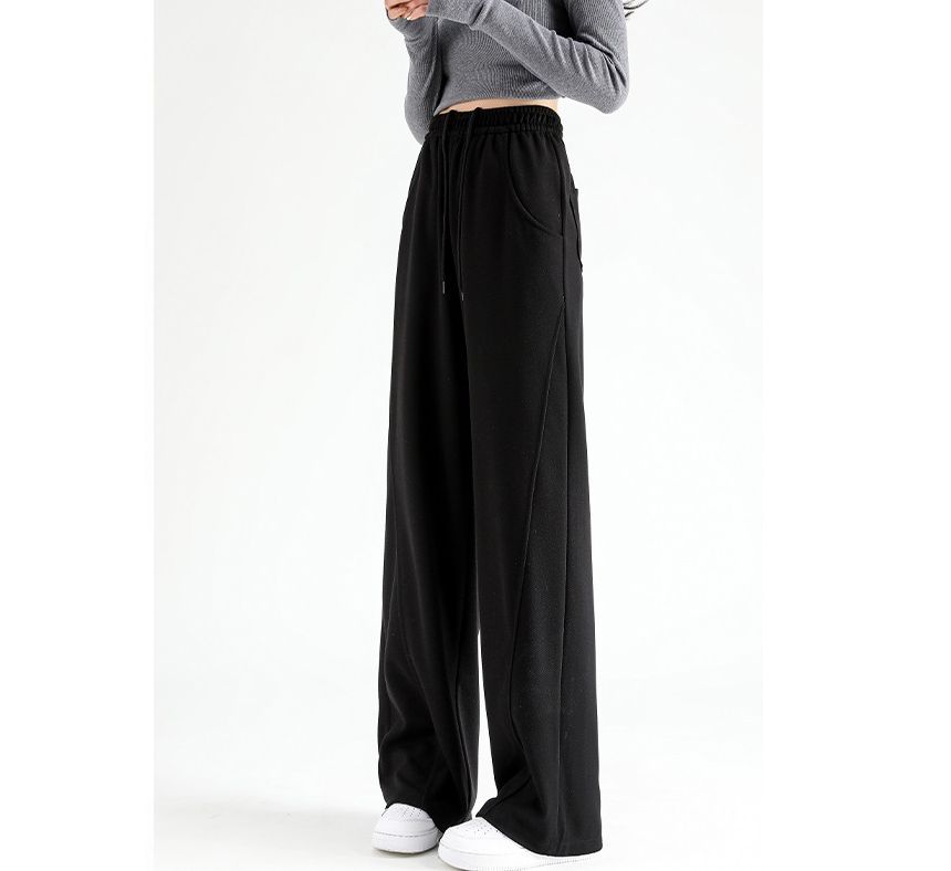 High Waist Plain Pocketed Drawstring Wide Leg Sweatpants