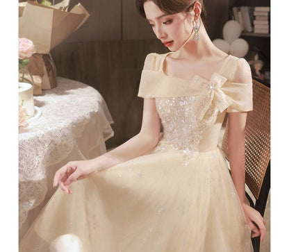 Gown Evening A-Line Mesh Neck Square Short-Sleeve