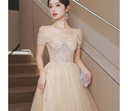 Gown Evening A-Line Mesh Neck Square Short-Sleeve