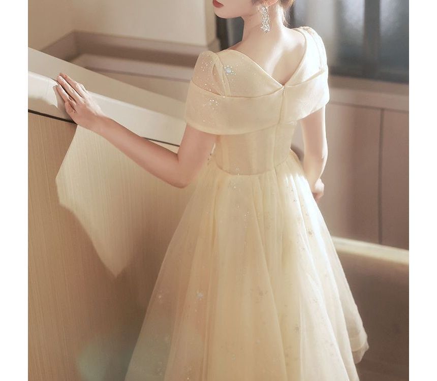 Gown Evening A-Line Mesh Neck Square Short-Sleeve