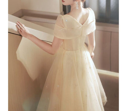 Gown Evening A-Line Mesh Neck Square Short-Sleeve