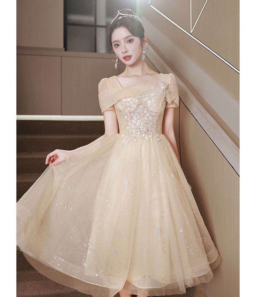 Gown Evening A-Line Mesh Neck Square Short-Sleeve