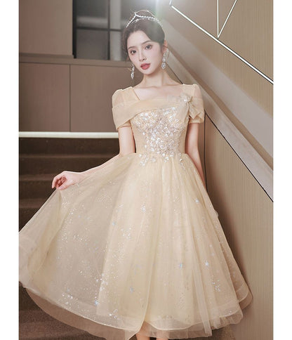 Gown Evening A-Line Mesh Neck Square Short-Sleeve