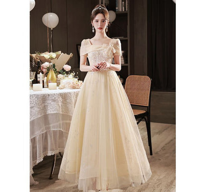 Gown Evening A-Line Mesh Neck Square Short-Sleeve