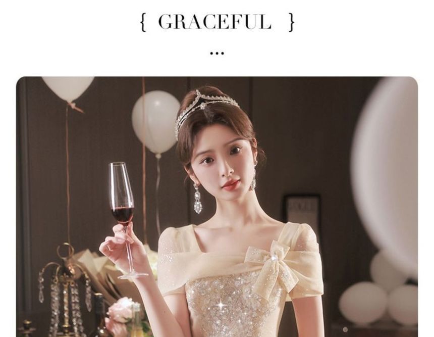 Gown Evening A-Line Mesh Neck Square Short-Sleeve