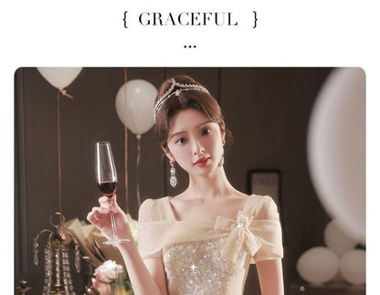 Gown Evening A-Line Mesh Neck Square Short-Sleeve