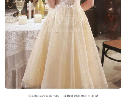 Gown Evening A-Line Mesh Neck Square Short-Sleeve