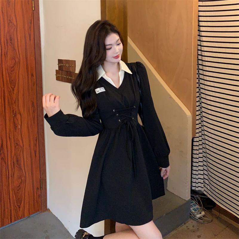 Mock Two-Piece Puff-Sleeve Contrast Collar Lace-Up Mini A-Line Dress