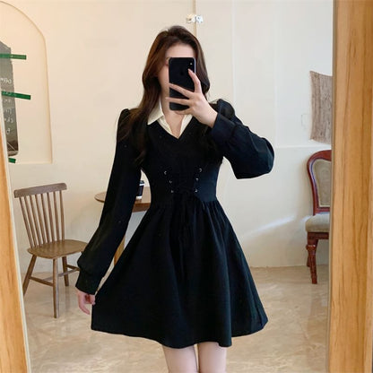 Mock Two-Piece Puff-Sleeve Contrast Collar Lace-Up Mini A-Line Dress