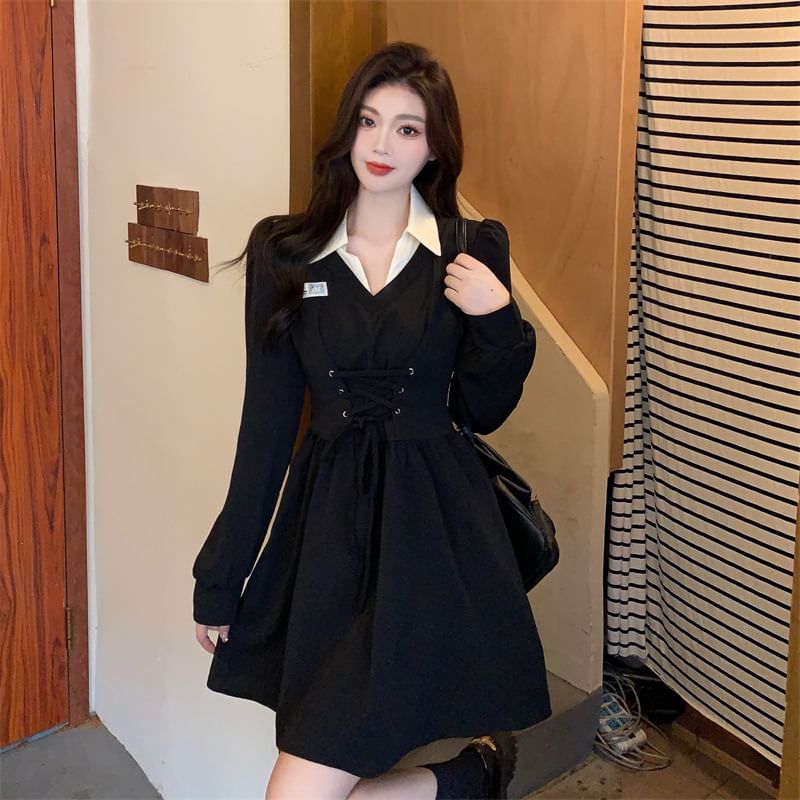 Mock Two-Piece Puff-Sleeve Contrast Collar Lace-Up Mini A-Line Dress