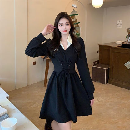 Mock Two-Piece Puff-Sleeve Contrast Collar Lace-Up Mini A-Line Dress