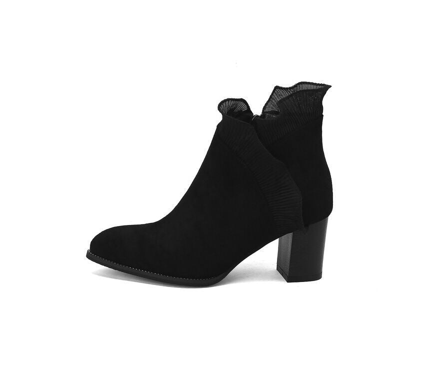 Ruffle Trim Chunky Heel Ankle Boots