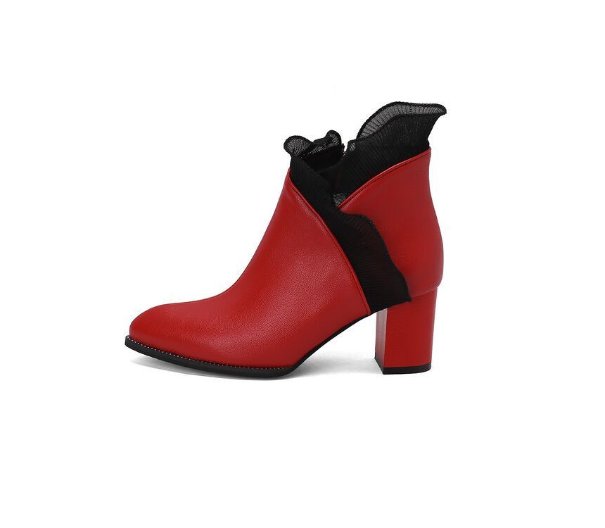 Ruffle Trim Chunky Heel Ankle Boots