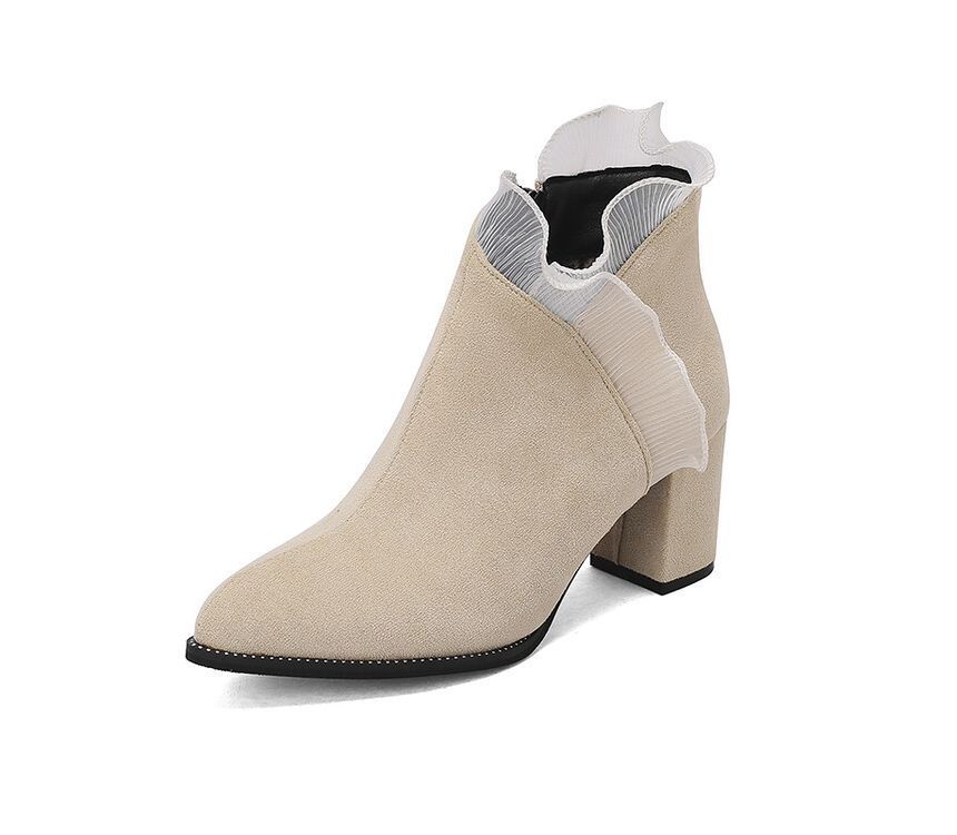 Ruffle Trim Chunky Heel Ankle Boots