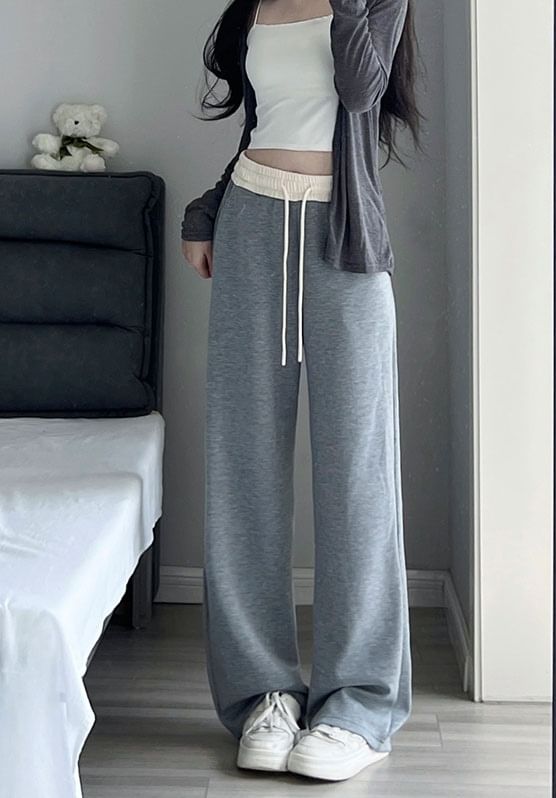 Paneled High Waist Drawstring Pocket Wide Leg Sweatpants