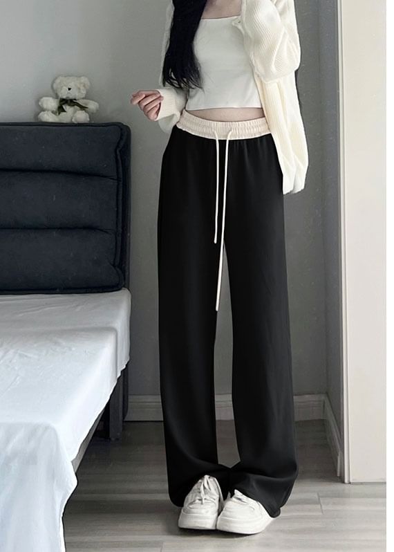 Paneled High Waist Drawstring Pocket Wide Leg Sweatpants