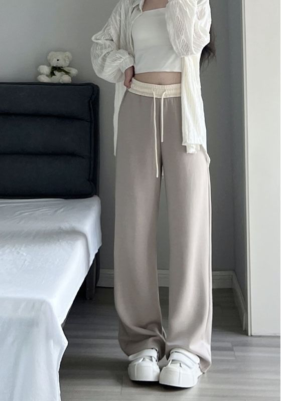 Paneled High Waist Drawstring Pocket Wide Leg Sweatpants