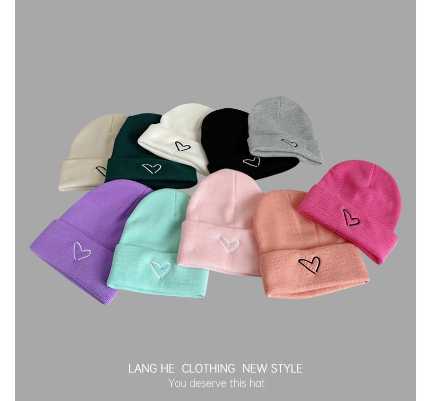 Heart Embroidered Knit Beanie