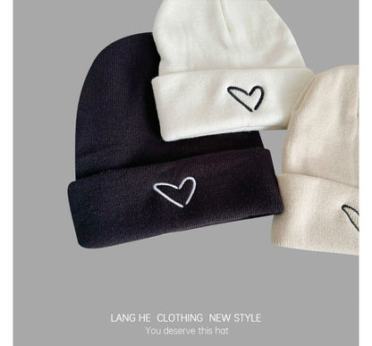 Heart Embroidered Knit Beanie