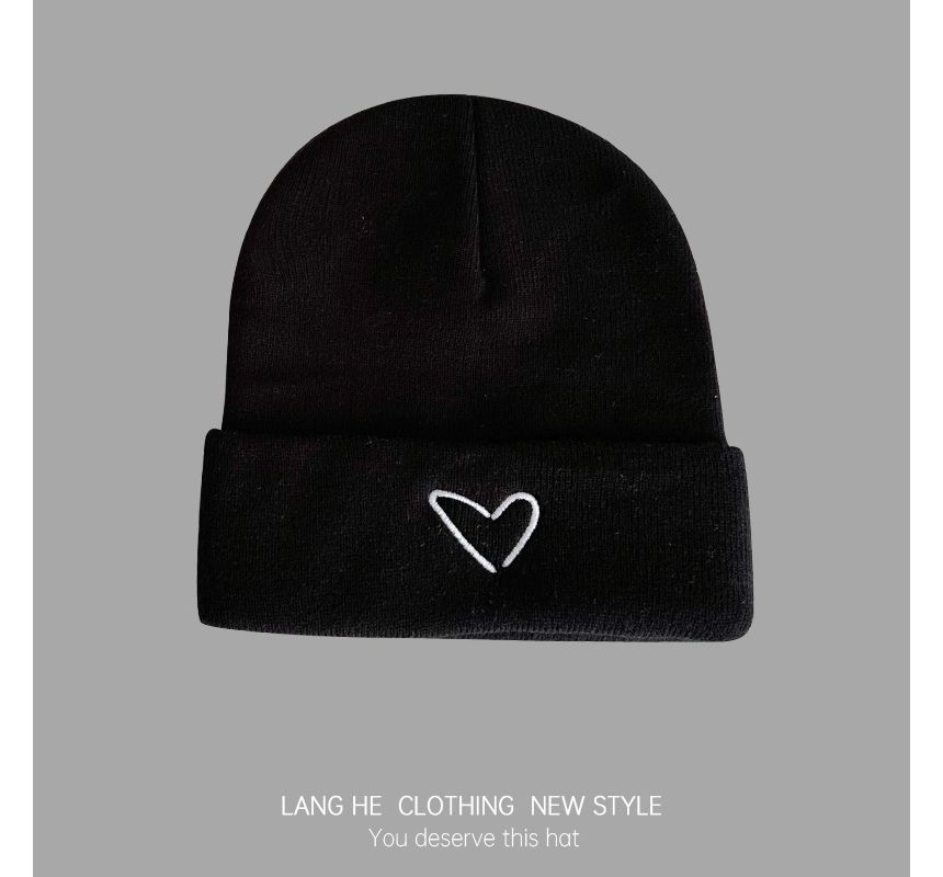 Heart Embroidered Knit Beanie