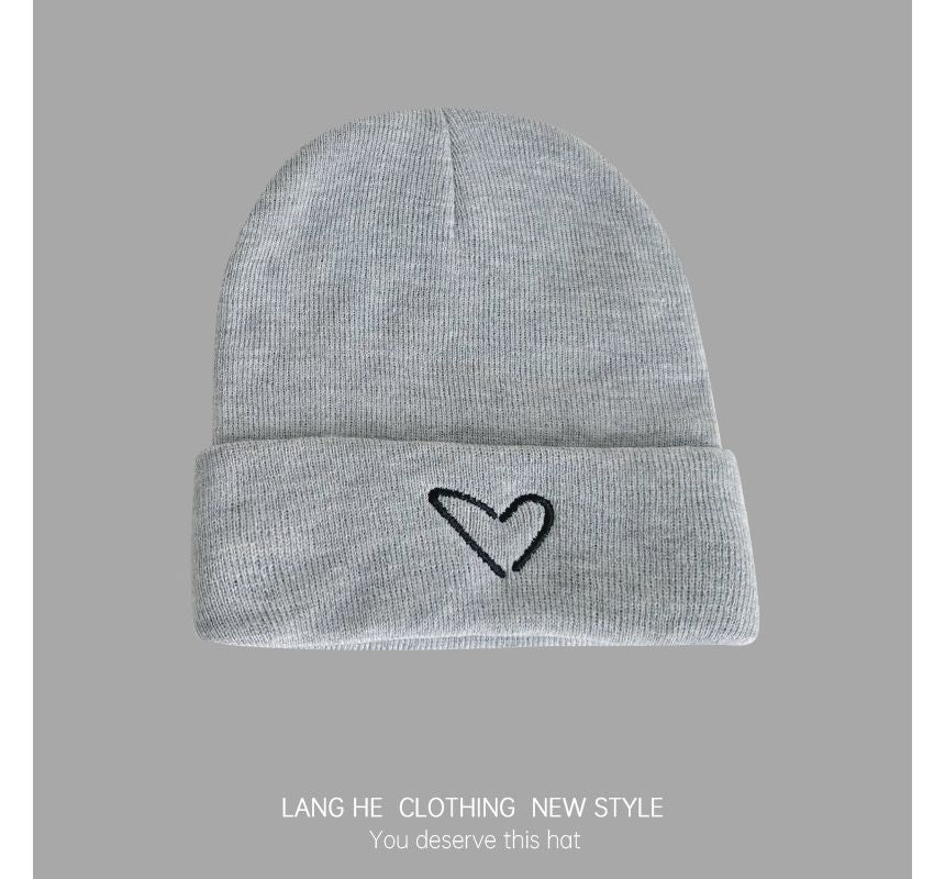 Heart Embroidered Knit Beanie