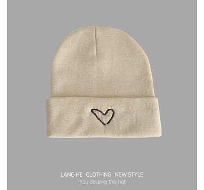 Heart Embroidered Knit Beanie