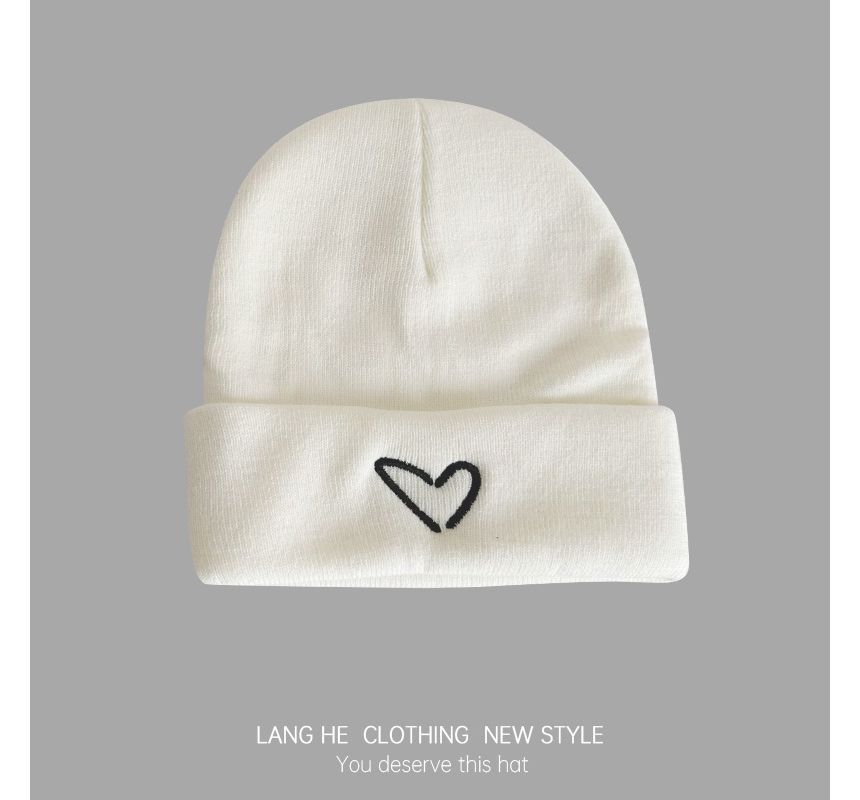 Heart Embroidered Knit Beanie