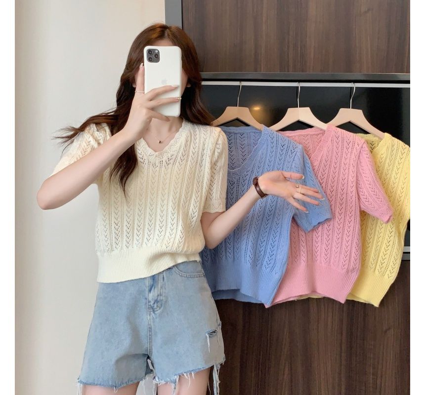 Top Crochet V-Neck Knit Short-Sleeve