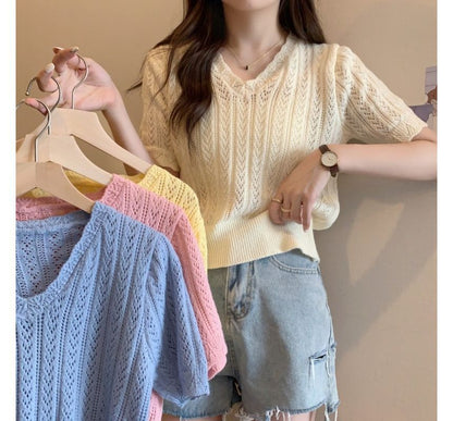 Top Crochet V-Neck Knit Short-Sleeve