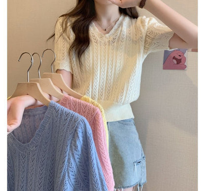 Top Crochet V-Neck Knit Short-Sleeve