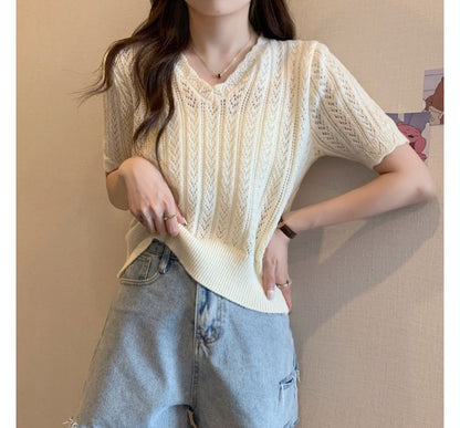 Top Crochet V-Neck Knit Short-Sleeve